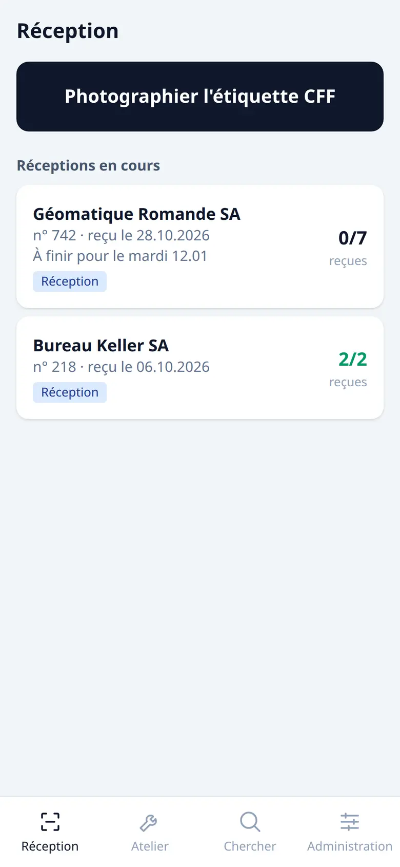 Écran Réception : les lots en cours, avec le nombre d'appareils reçus sur ceux annoncés