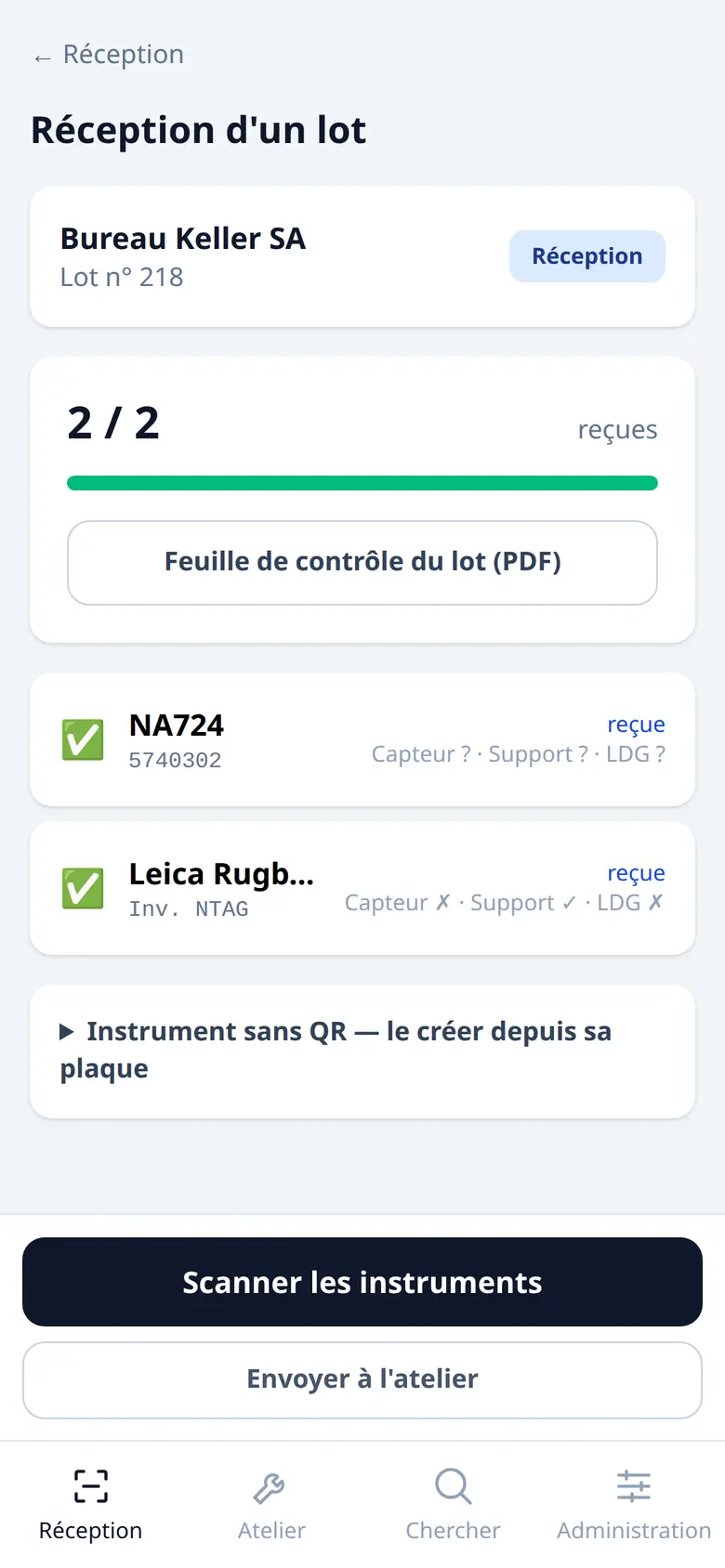 Écran d'un lot en réception : la jauge des appareils reçus et la liste des appareils