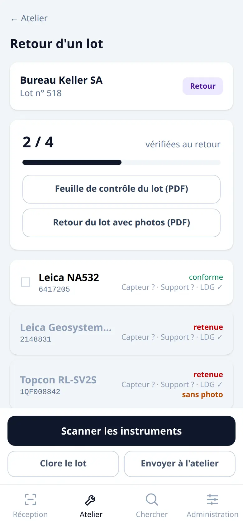 Écran d'un lot au retour