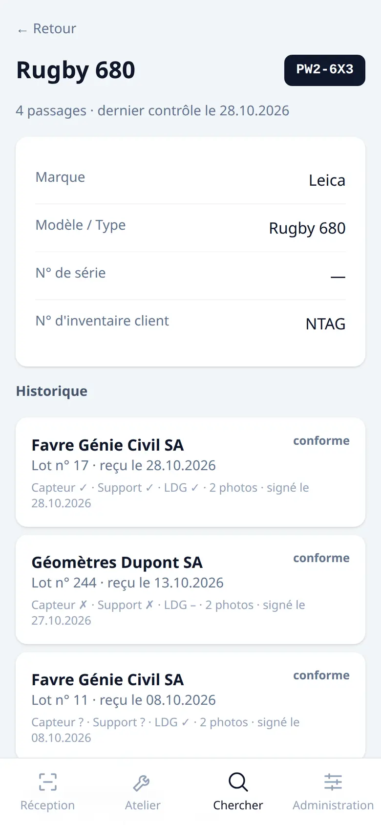 Écran de l'historique d'un appareil