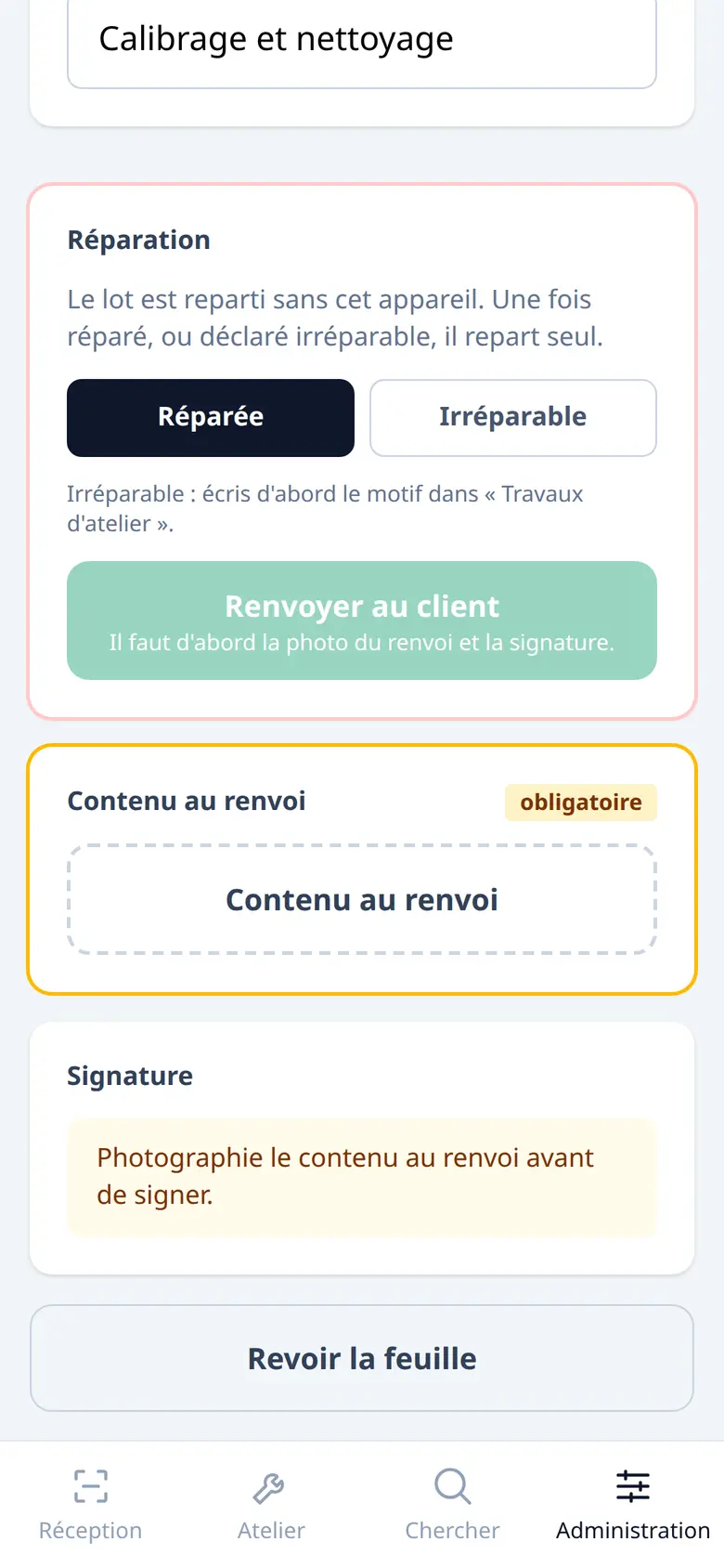 Écran de la réparation d'un appareil