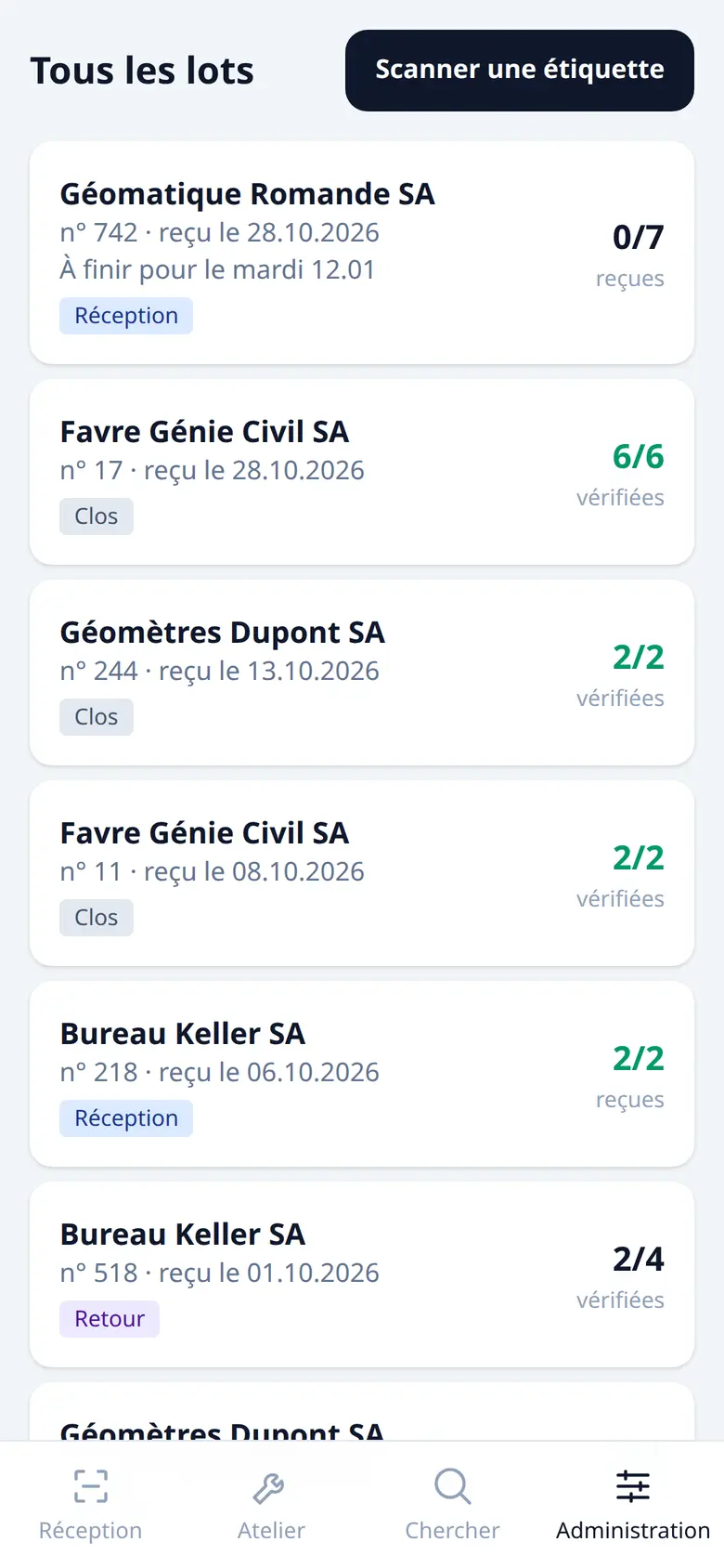 Écran de la liste des lots